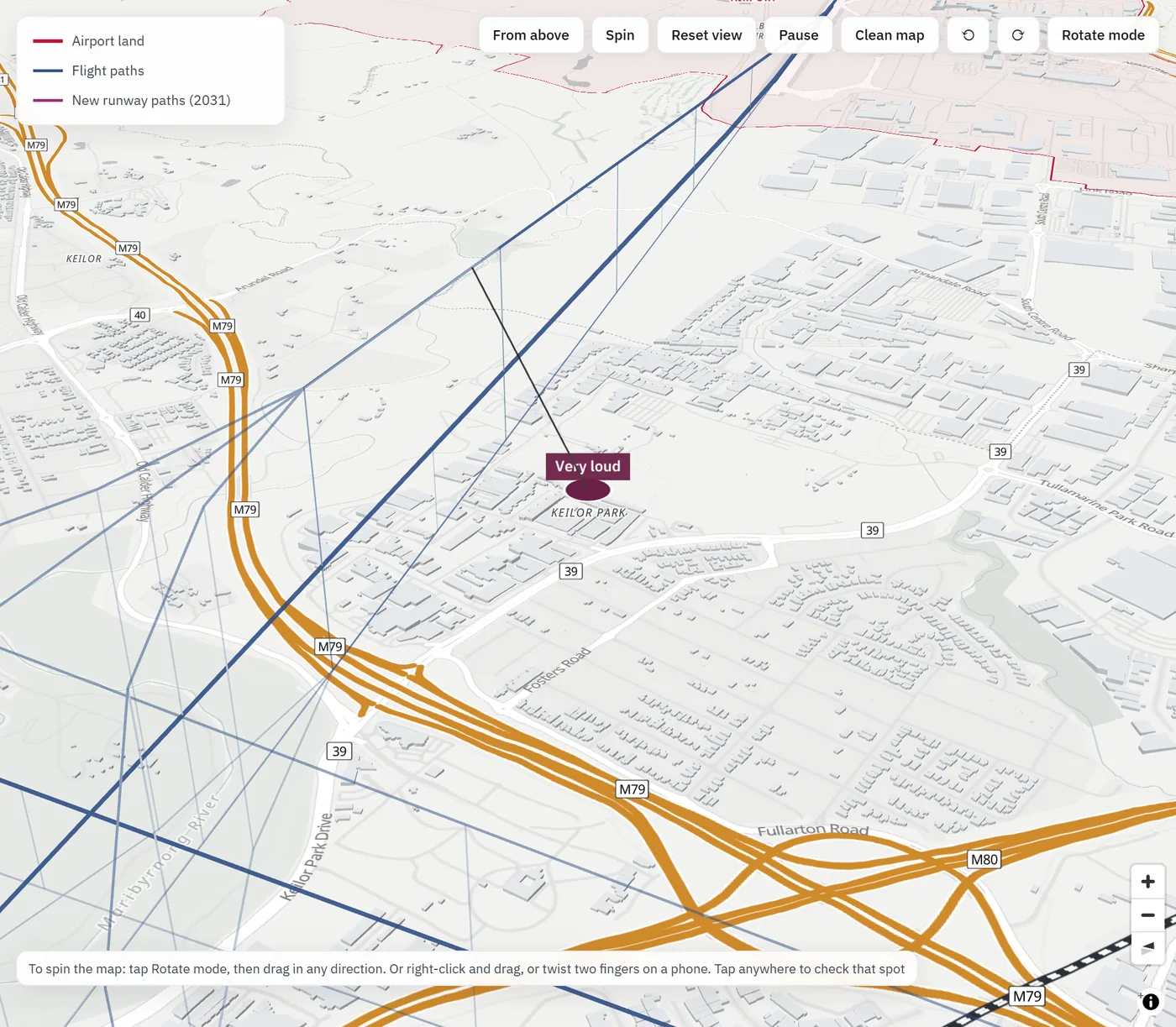 The map zoomed into Keilor Park, with departure paths overhead and a Very loud marker