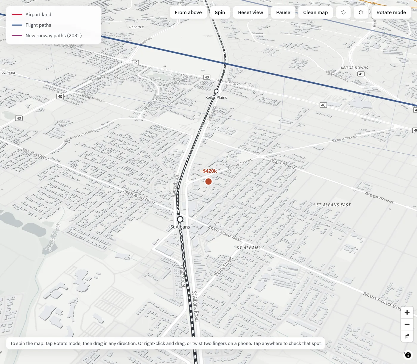 A saved house in St Albans pinned on the map, marked down $420k